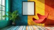 © ZzGooggiigz - a mockup of an empty, blank poster, frame, in a maximalist living funky stripe room. Generative AI