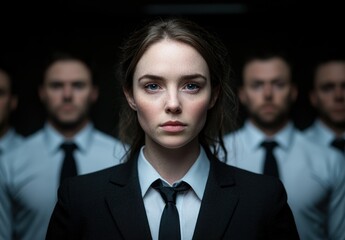 Poster - Serious young woman in business attire with men in background