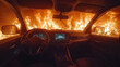 © JVLMediaUHD - Inside a vehicle surrounded by roaring flames during a wildfire event at dusk