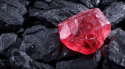 Wall Mural - Vibrant red crystal on dark rocks