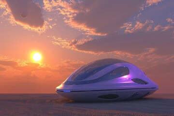 Wall Mural - A futuristic spaceship sits on a sandy beach as the sun sets behind it. The sky is overcast and the sun is on the left side of the scene. The spaceship is purple, domed.