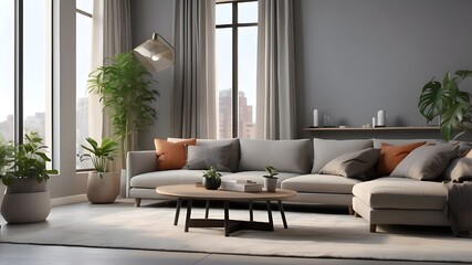 An artificial intelligence (AI) rendering of a gray-walled living room including a cozy sofa, a center table, carpet, drapes, potted plants, and a window that lets in light from a standing lamp