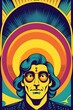 © freelanceartist - Vintage psychedelic poster featuring a head shot of a  hippie man from the 1970s. Colorful, retro patterns.  groovy, vibrant, kaleidoscopic, bohemian, trippy, swirl, tie-dye, abstract, floral, peace