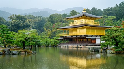 A stunning view of a temple in Kyoto, Japan, with sparkling gold leaf and a tranquil pond.