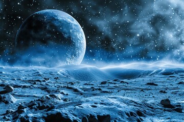 Wall Mural - Planet in the sky against the backdrop of the full moon. The scene takes place on a rocky, barren surface. The sky is filled with stars and the atmosphere is dark and blue.