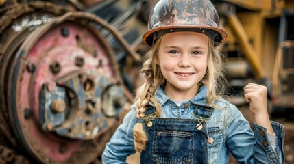 Portrait of a little girl of a future engineer in a hard hat against the background of construction, radiating beauty.