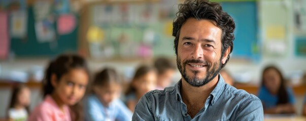 Sticker - Portrait of a cheerful male teacher in a classroom setting, exuding warmth and positivity.