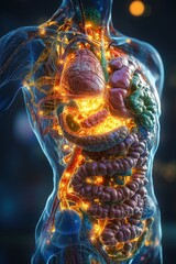 Wall Mural - Detailed 3D Rendering of Human Digestive System with Glowing Neural Connections and Organs in a Futuristic Style