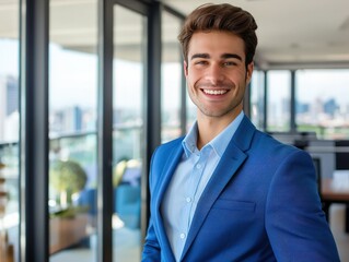 Handsome businessman in a blue suit, smiling confidently at the camera, against a modern office interior and cityscape view, copy space on the right.