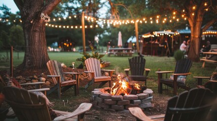 Chairs are arranged in a circle around a warm fire pit, illuminated by string lights in a tranquil backyard at dusk