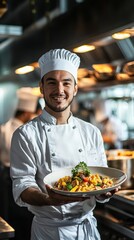 A professional portrait of a chef in a bustling kitchen, holding a freshly prepared dish, with a look of pride on their face