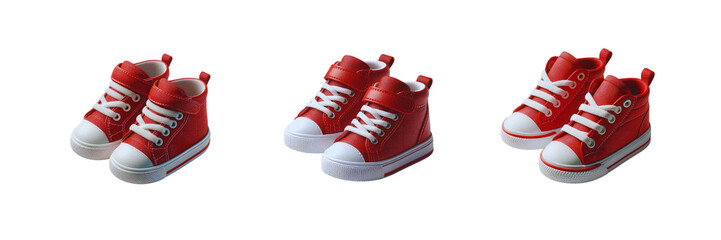 Set of Three pair of new red toddler sneakers with white laces, isolated over on transparent white background