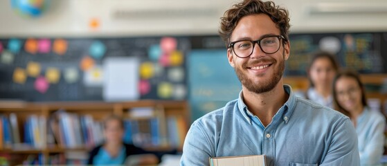 Wall Mural - Happy male teacher holding books, standing confidently in a vibrant classroom environment.