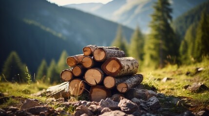 Heap of freshly cut trees in forest, representing deforestation impact and environmental destruction