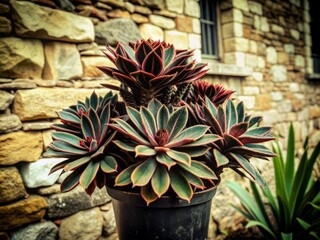 Vibrant euphorbia blackbird succulent with stunning red-tinged foliage and cylindrical stems stands out against a natural outdoor backdrop of greenery and rustic stone walls.