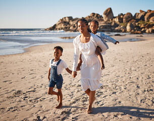 Poster - Portrait, ocean and mother with kids, hug and happiness with love, vacation and summer holiday. Face, family and single parent with children, beach and embrace with journey, adventure and travel