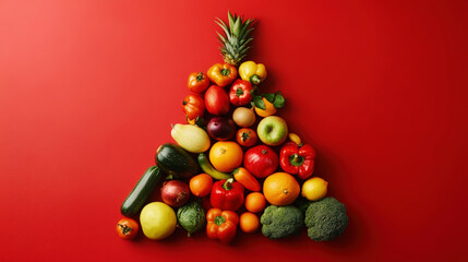 Variety of vegetables and fruits in triangle shape like a Christmas tree, red background, copy space. Generative AI