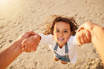 Girl, kid and swing on portrait at beach for fun on break, holding and happy for playing in Spain. Female person, laugh and smile with spin on pov for child development, care and growth on holiday