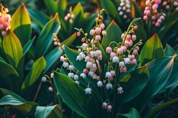 Delicate pink and green lily of the valley flowers bloom amidst lush foliage, creating a serene and peaceful high-definition wallpaper for nature lovers.