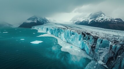 A majestic glacier with blue ice surface and rugged terrain.