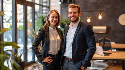 Happy business duo standing in contemporary office, professional atmosphere, portrait style.