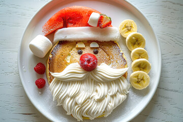 Creative kids food snack for Christmas and New Year. Funny Santa Claus made from pancakes, watermelon whipped cream, strawberries and raspberries. top view of white plate