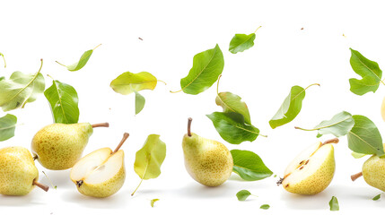 Pears with half slices pear falling or flying in the air with green leaves isolated on white background