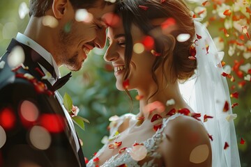 Happy young bride and groom celebrating marriage ceremony