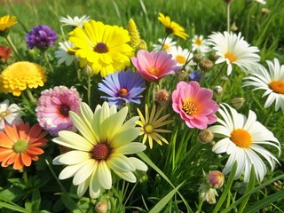 Wall Mural - Vibrant colorful flowers bloom in a lush green meadow with soft blades of grass on a pure white background, perfect for natural and serene designs.