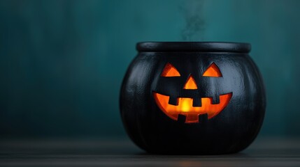 Wall Mural - Mystical Witch's Cauldron with Glowing Pumpkin Brew - Halloween Concept Background in Ultra HD with Copy Space