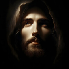 Wall Mural - Ethereal Portrait of Jesus Emerging from Darkness