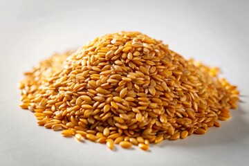 Golden flaxseeds stacked neatly in a rounded mound, shining with subtle texture, against a clean and minimalist white background, evoking health and nutrition.