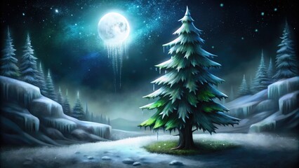 Poster - Snowy landscape with a full moon and evergreen trees