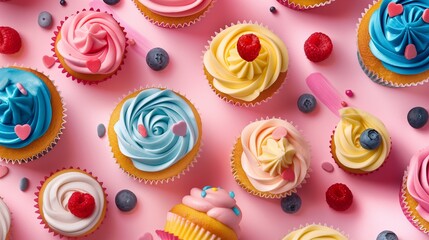 A whimsical pattern of cupcakes and pastries, rendered in bright, appealing colors, ideal for bakery packaging or food festival promotional materials.