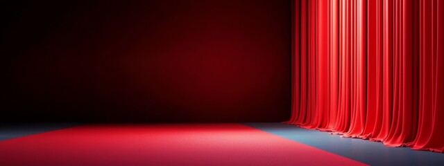  In a dimly lit space, a scarlet curtain hangs, framing a red floor and a plush red carpet that lines one wall