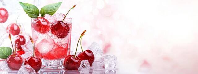 Wall Mural -  A glass, filled with ice and cherries, sits next to an adjacent pile of ice cubes and cherries on a table