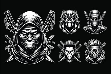 Wall Mural - Dark Art Mysterious Japanese Ninja Head Black and White Illustration