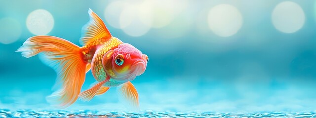  A goldfish, closely framed, swims in a blue-tinted fish tank Background lights cast a soft glow