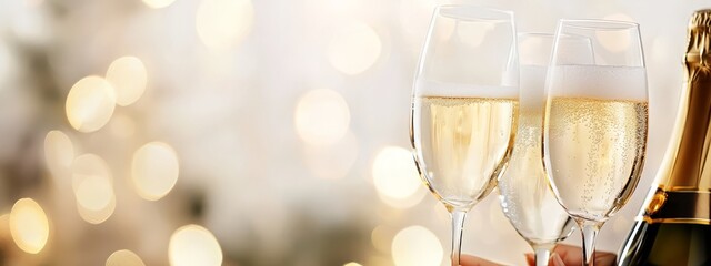  A tight shot of two champagne flutes, a bottle of champagne situated in front, against a hazy backdrop of twinkling lights