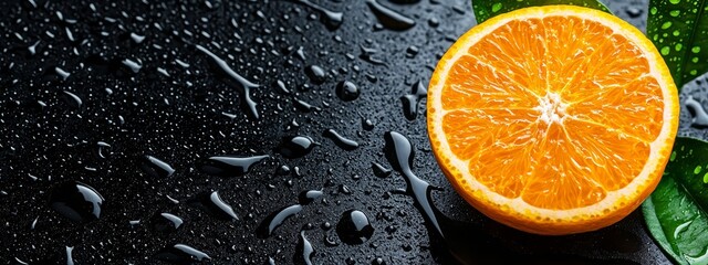 Canvas Print -  A halved orange, wet with water droplets, sits atop a table A verdant leaf rests beside it