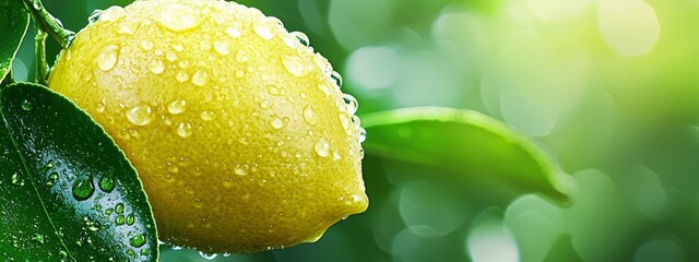 Wall Mural -  A tight shot of a lemon on a tree branch, adorned with water droplets on its leaves Background softly blurred