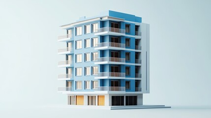 Wall Mural - blue apartment building with balconies on a white background.