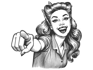 cheerful woman with curled hair smiling and pointing her finger directly at the viewer in playful manner sketch engraving generative ai fictional character vector illustration. Black and white image