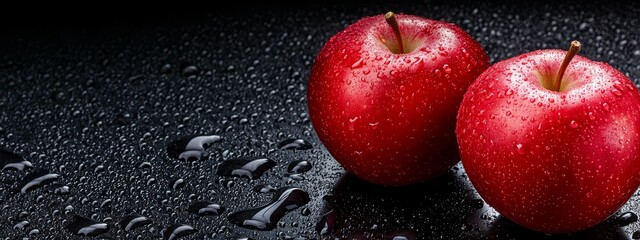  Two red apples sit side by side on a black surface, beaded with water droplets at their peaks