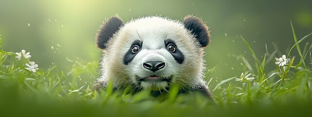 Wall Mural -  A panda bears gazing at the camera from a grassy field, dotted with white flowers in the foreground