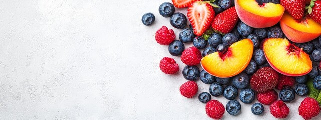 Wall Mural - blueberries, peaches, raspberries, and strawberries atop a white surface