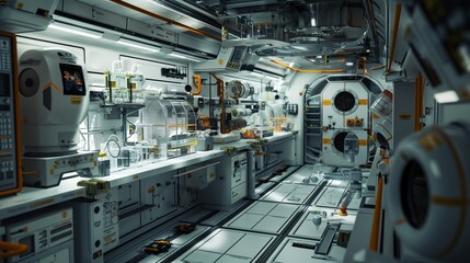 A zero-gravity laboratory inside a space station where experiments in physics and biology are conducted, showing equipment floating in a carefully organized space.