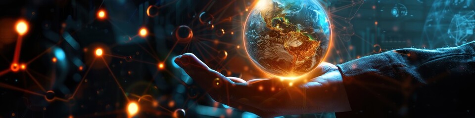 Holographic planet earth in businessman's hand, global network icon, glowing light effects, tech exchange concept.