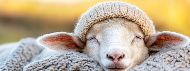 Wall Mural -  A tight shot of a sheep wearing a knitted hat and with closed eyes