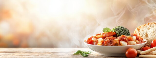 Canvas Print -  A bowl of pasta, adorned with tomatoes and broccoli Nearby rests a slice of bread, its single breadstick extending from the piece